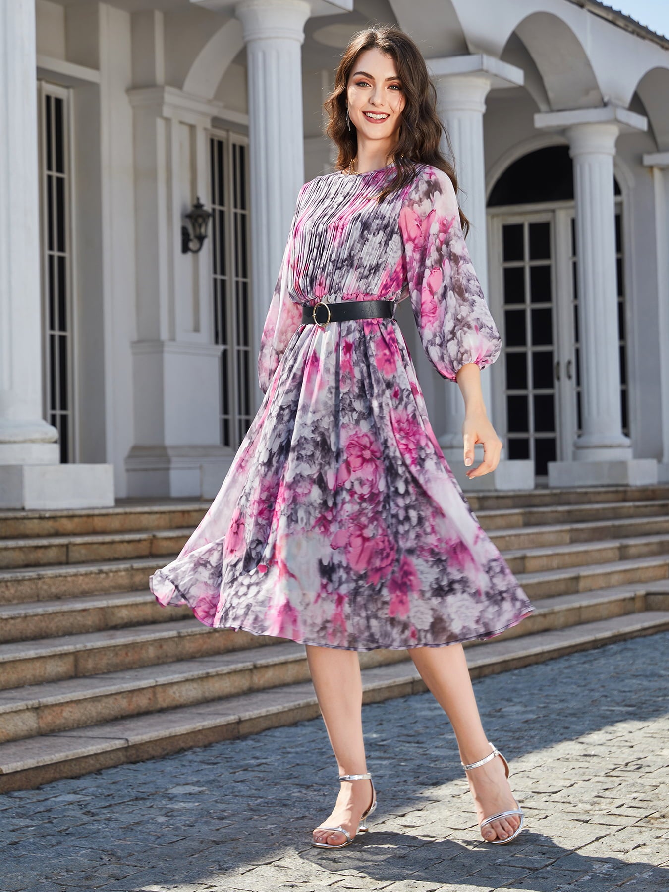 Floral Print Round Neck Balloon Sleeve Midi Dress