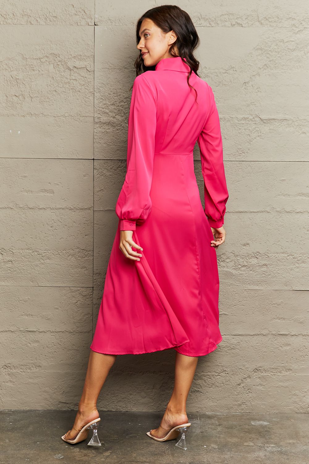 Collared Neck Long Sleeve Twisted Midi Dress