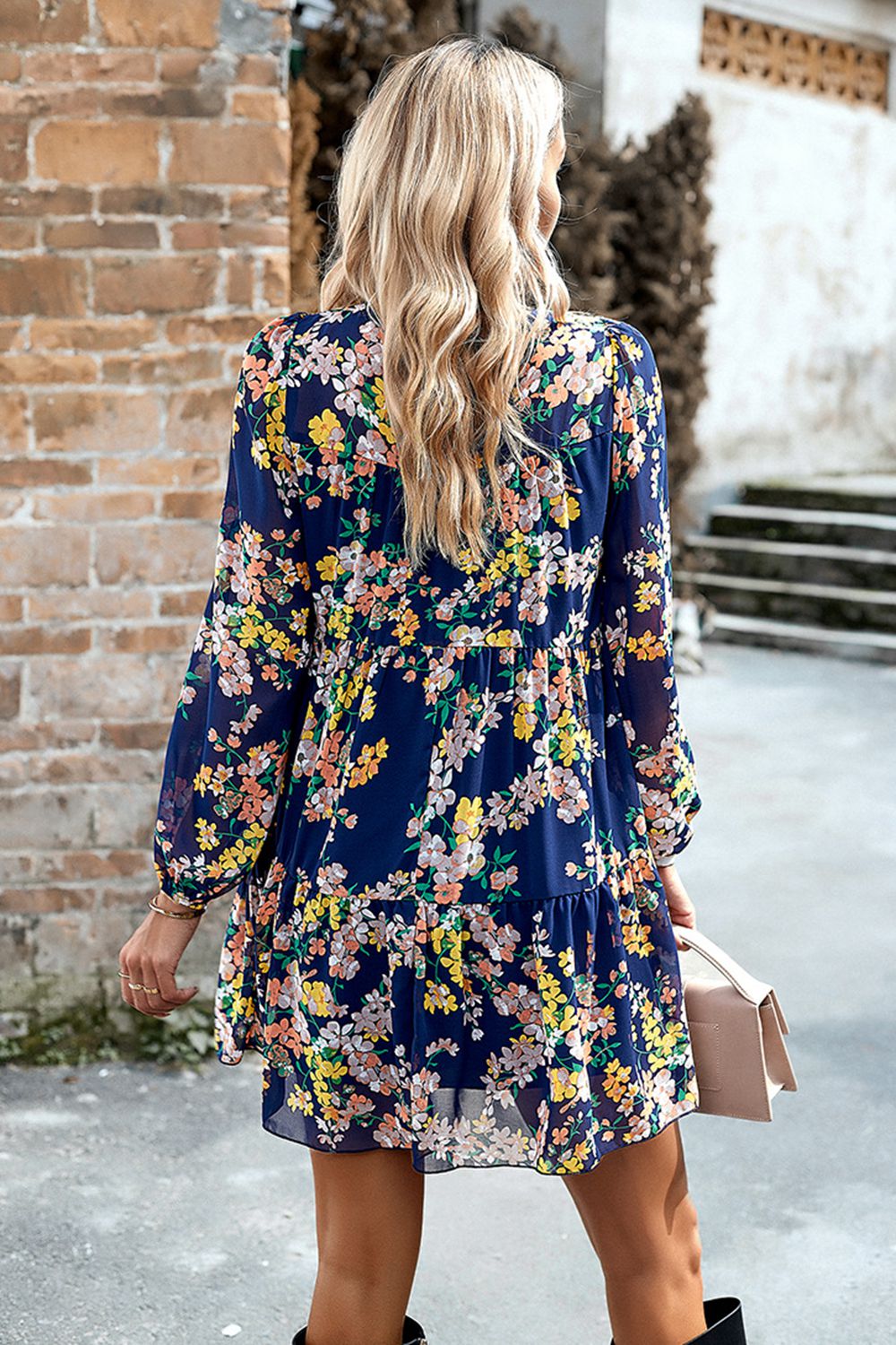 Smocked Floral Print Long Sleeve Mini Dress