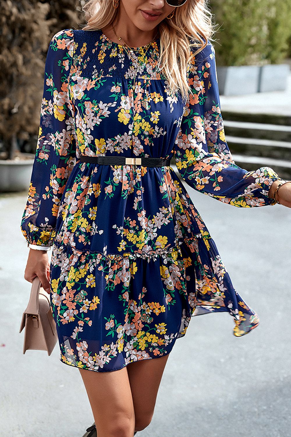 Smocked Floral Print Long Sleeve Mini Dress