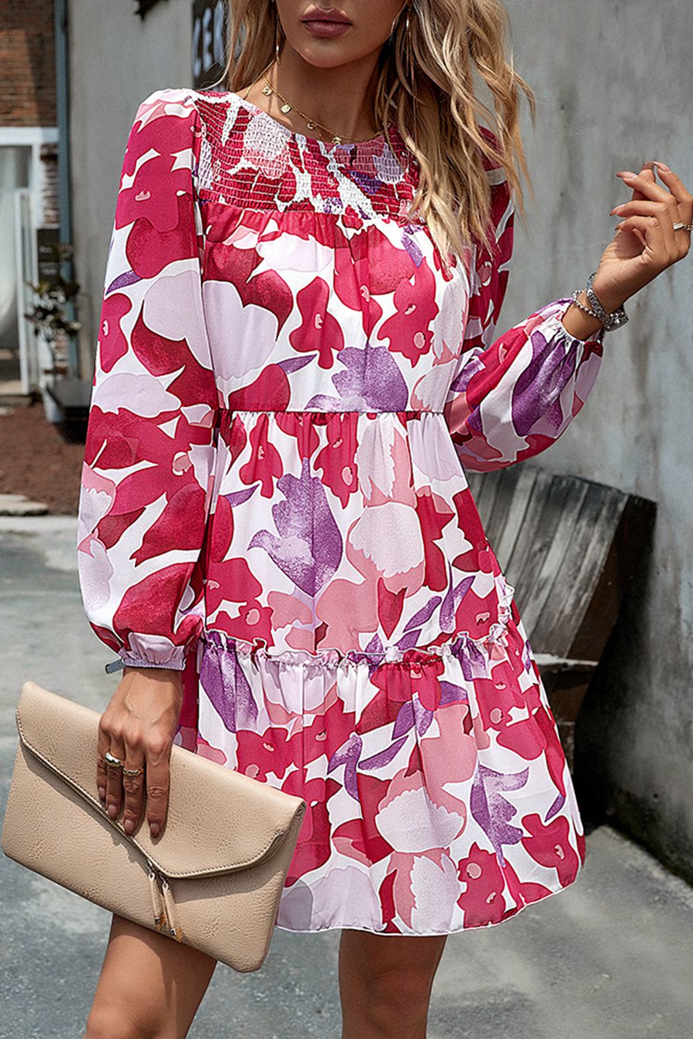 Smocked Floral Print Long Sleeve Mini Dress